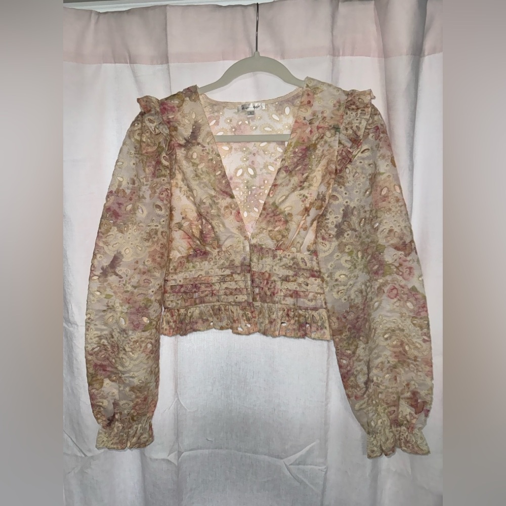 Line & Dot Floral Ruffle Blouse - Pink and Cream
